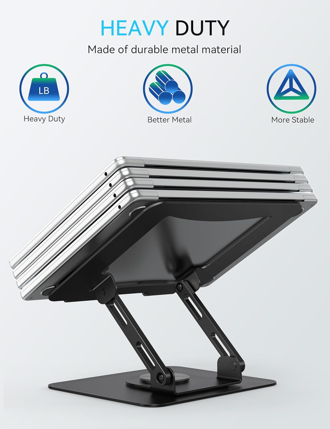 SOUNDANCE 360 Rotating Laptop Stand, Ergonomic Computer Riser for Desk, Adjustable Height Multi-Angle Metal Holder, Foldable Portable Notebook Elevating Base for Office & Home, Silver Grey