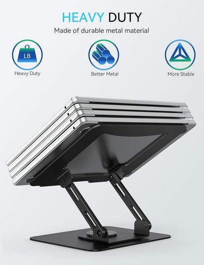 SOUNDANCE 360 Rotating Laptop Stand, Ergonomic Computer Riser for Desk, Adjustable Height Multi-Angle Metal Holder, Foldable Portable Notebook Elevating Base for Office & Home, Silver Grey