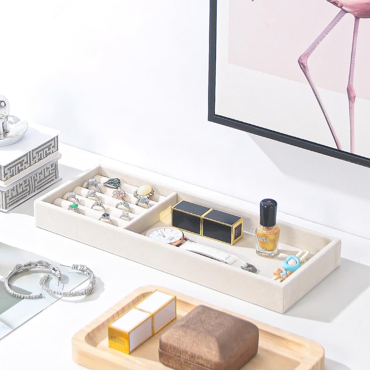 Divided Drawer Organizer Tray, Velvet Jewelry Storage Tray, Necklace Bracelet Ring Earring Display Tray,Bedside Nightstand Desk Holder Tray for Phone Watch Sunglasses Cosmetics Storage/Beige/1grid