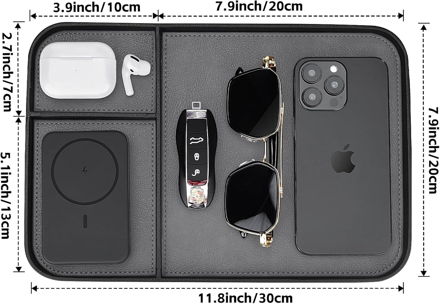 SENEN Leather Tray, Stylish and Organized Multifunctional Tray, for Table Entryway, Premium PU Leather, Catchall Tray for Keys, Watch, Wallet, Jewelry, and More (Black Frame)