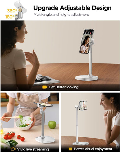DIMONCOAT Phone Stand for Desk, Angle Height Adjustable Phone Holder for Desk, Aluminum Alloy Universal iPhone Holder, Retractable Cell Phone Stand Recording Office for iPhone 17 16 15 Pro Max S26