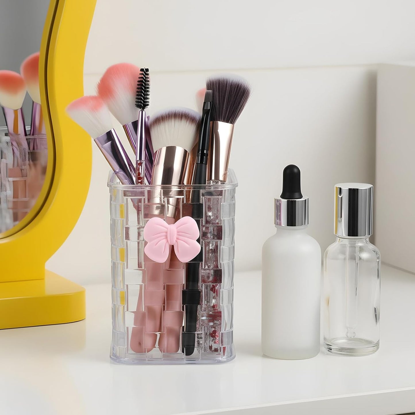 Acrylic Pen Holder for Desk, Cute Clear Makeup Brush Holders with Woven Texture and Bow, Transparent Pencil Organizer for Office Home School Cosmetic, Back To School Gift for Teachers Classmate