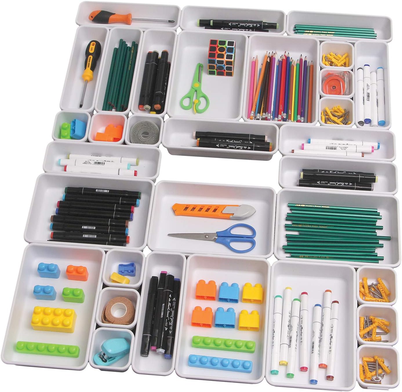Set of 32 Interlocking Desk Drawer Organizer Tray Dividers Plastic Shallow Narrow Drawers Organizers Separators Storage Bins Container for Kitchen Bathroom Makeup Office Vanity Bedroom Dresser