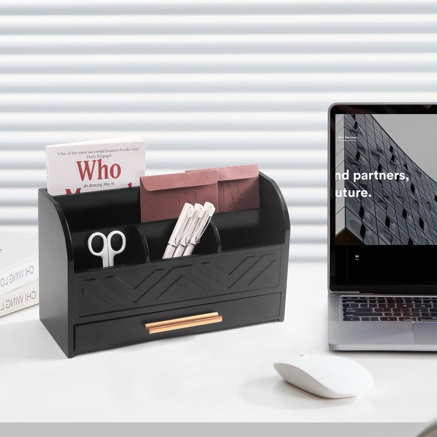 Mail Organizer Countertop Kitchen-White Mail Holder Countertop Drawers Wood Desk Drawer Tabletop Storage Organization Pen Holder Letter Sorter Makeup Organizer for School Home Office Supplies