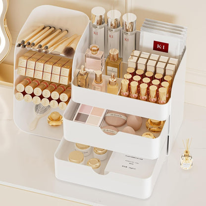 Booklov Makeup Organizer for Vanity, Countertop Cosmetic Display Case with Clear Acrylic Drawers, Bathroom Counter Beauty Caddy, Cute Table Storage Holder for Skincare, Brush Lipsticks, Crystal White