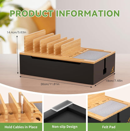 Pezin & Hulin Bamboo Charging Station for Multiple Devices, USB Charger Dock Organizer, with Power Supply (10 Ports HUB), 6 Cables, Cable Management Organizer for Cell Phones, Tablets -Natural+White