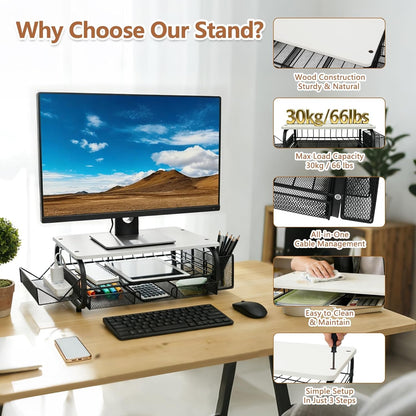 Desk Organizers and Accessories Monitor Riser, Monitor Stand with Drawer (2-Tier Drawers) with Large Side Storage Rack & Cable Management,66LBS/30KG, Office Organization, Walnut Brown