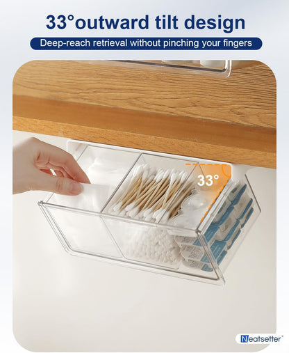 Hanging Cabinet Organizer – 33° Tilted Under Desk Drawer & Bathroom Storage – Self-Adhesive Clear Pull-Out Bins for Kitchen, Office & Vanity (Medium)