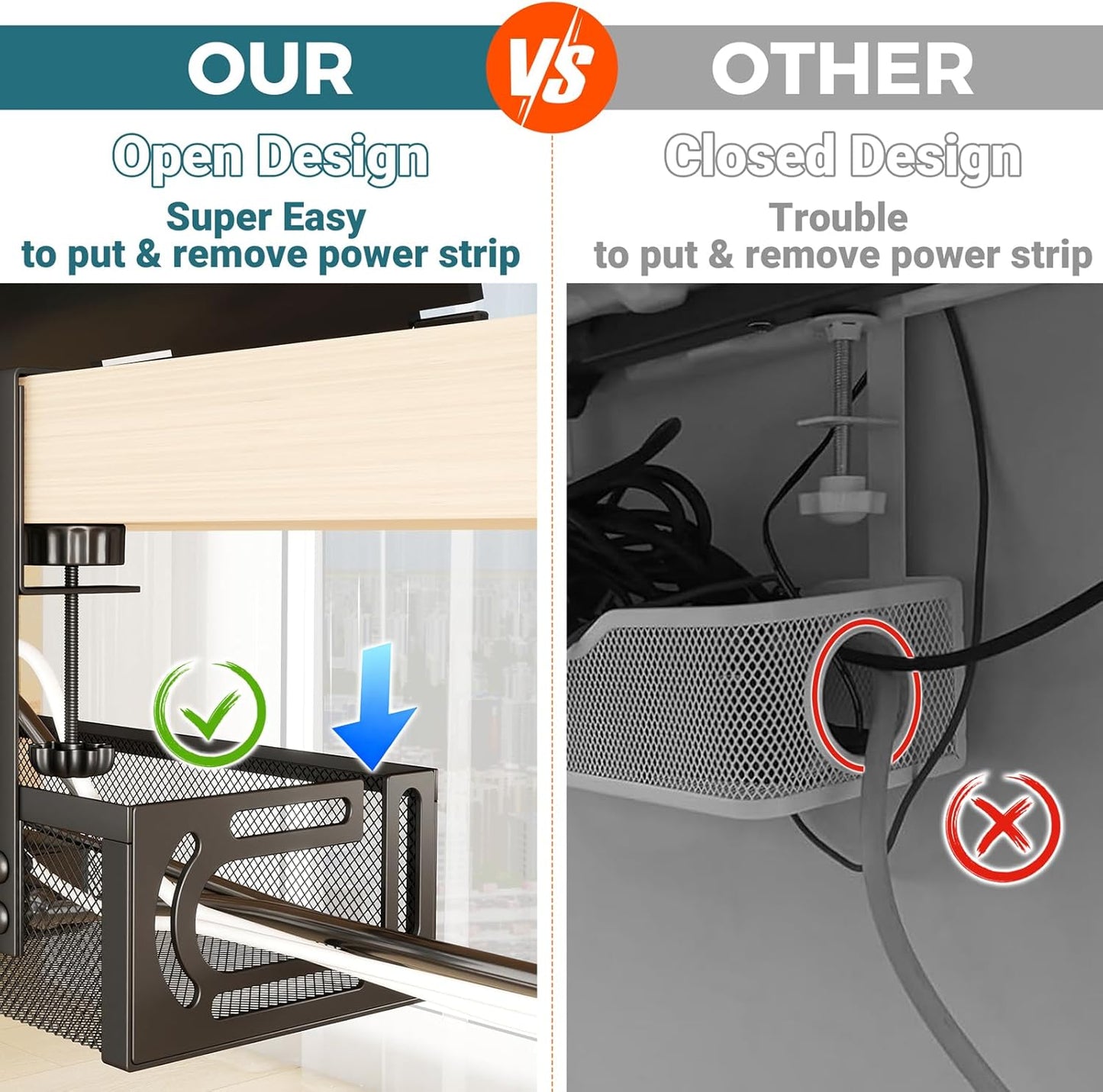 Cable Management Under Desk, 25.3'' No Drill Desk Cable Management Tray with Clamp, Metal Cord Organizer for Standing Desk, Computer Wire Management for Home Office & Gaming Setup, Black