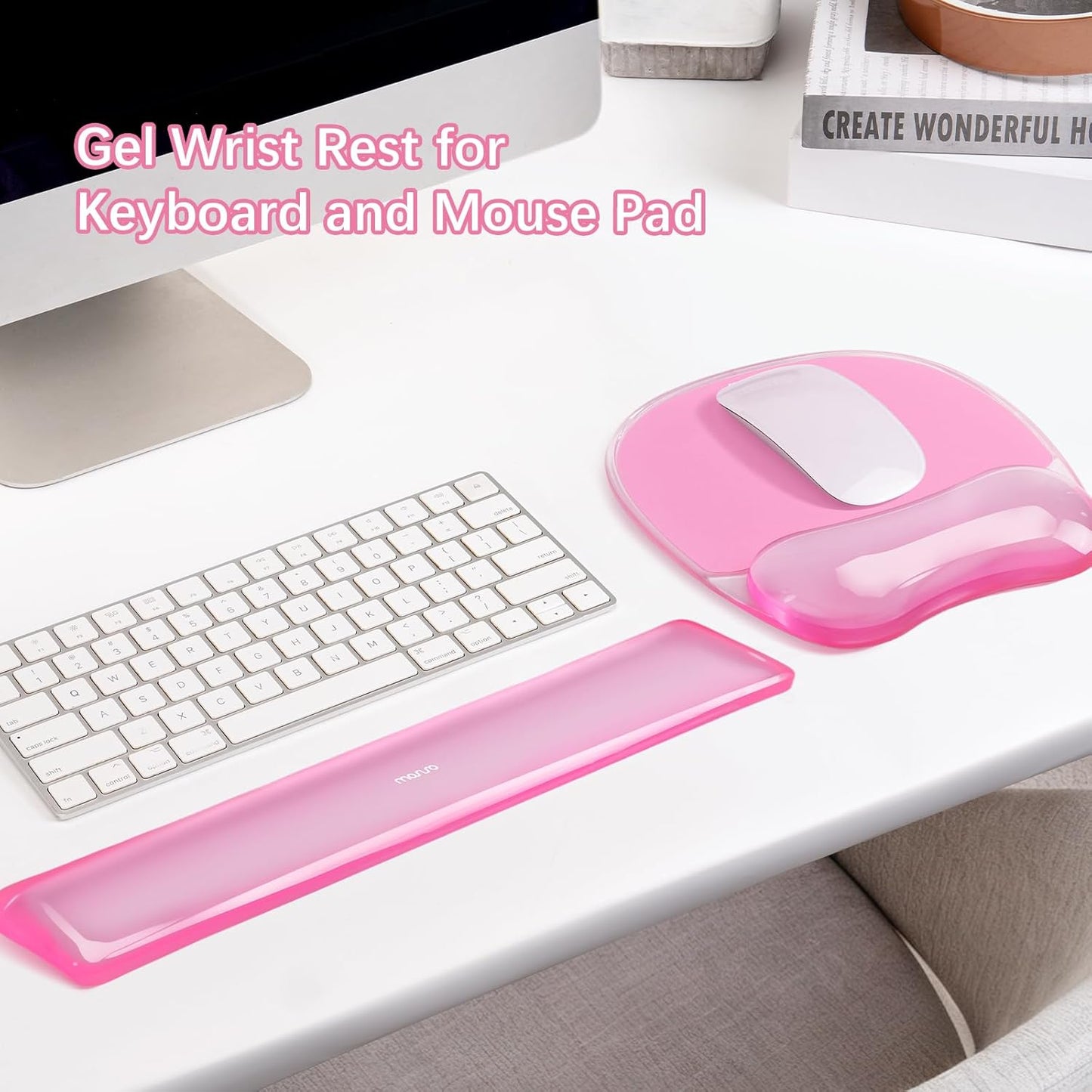 MOSISO Gel Wrist Rest Support for Mouse Pad&Keyboard Set, Irregular Oval Ergonomic Mousepad Keyboard Pad Non-Slip Base Home/Office Pain Relief&Cooling Gel Easy Typing Pad for Computer Laptop, Pink