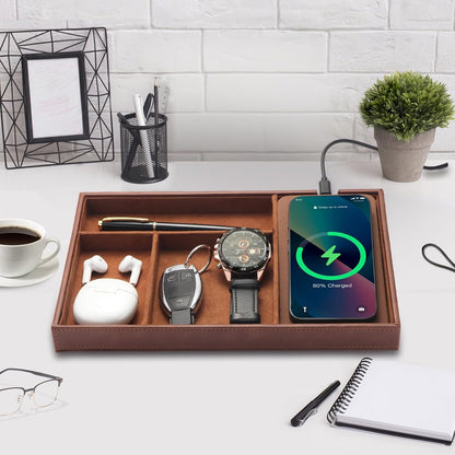 TopMade Valet Tray with Wireless Charging Pad Nightstand Organizer, Leather Desktop Storage Dresser Organizer Charging Station, Jewelry Box Catchall Bedside Vanity Tray for Men Women(Brown)