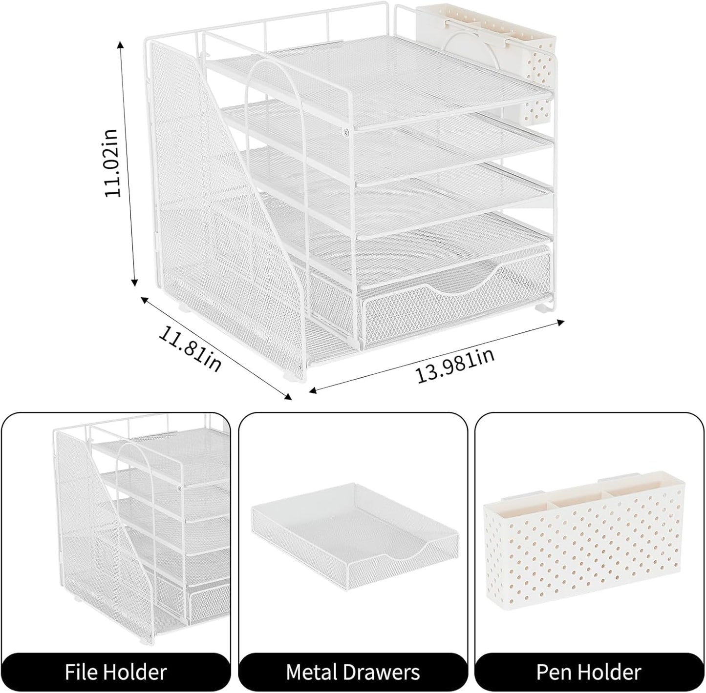 Desk Organizer with Drawer and Pen Holder, 5-Tier Paper Letter Tray Organizer with File Holder, Suitable for Workspace Organizer Office Supplies Storage (Black)