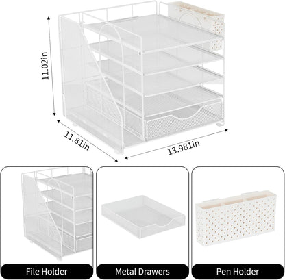 Desk Organizer with Drawer and Pen Holder, 5-Tier Paper Letter Tray Organizer with File Holder, Suitable for Workspace Organizer Office Supplies Storage (Black)