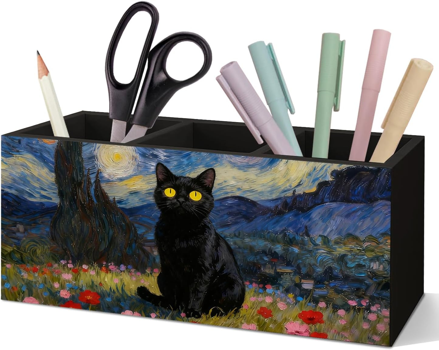 Gothic Office Decor Black Wooden Pen Pencil Holder for Desk Accessories, Dark Gothic Witchy Aesthetic Wood Makeup Brush Toothbrush Holder Organizer for Vanity Bathroom