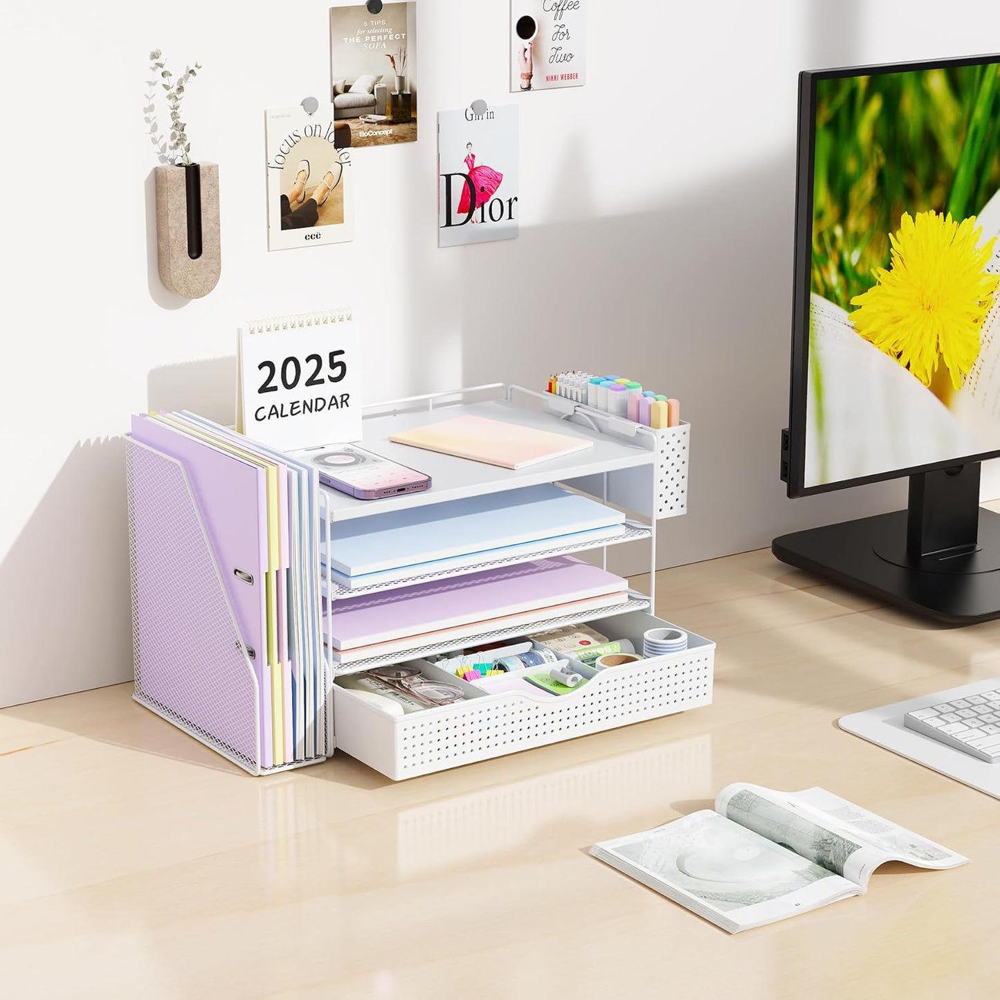 gianotter Wood Desk Organizers and Accessories with File Holder, 4-Tier Desk Accessories & Workspace Organizers with Drawer and Pen Holder, Desk Reference Organizer (Wood)