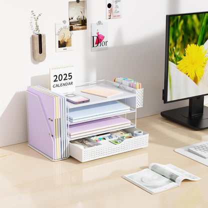 gianotter Wood Desk Organizers and Accessories with File Holder, 4-Tier Desk Accessories & Workspace Organizers with Drawer and Pen Holder, Desk Reference Organizer (Wood)