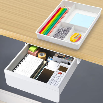 SVNNELP Under Desk Table Drawer Storage Organizer, Slide Out Drawer with 4 Compartments Divider,Pencil Storage Self-Adhesive Tray Under Table (M/Clear Black+White)