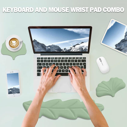Keyboard Wrist Rest Pad Set, Leaf Shape PU Leather Memory Foam Wrist Cushion Support,Mouse Wrist Rest Pad,Non-Slip Wrist Support for Easy Typing Pain Relief, Green Leaf