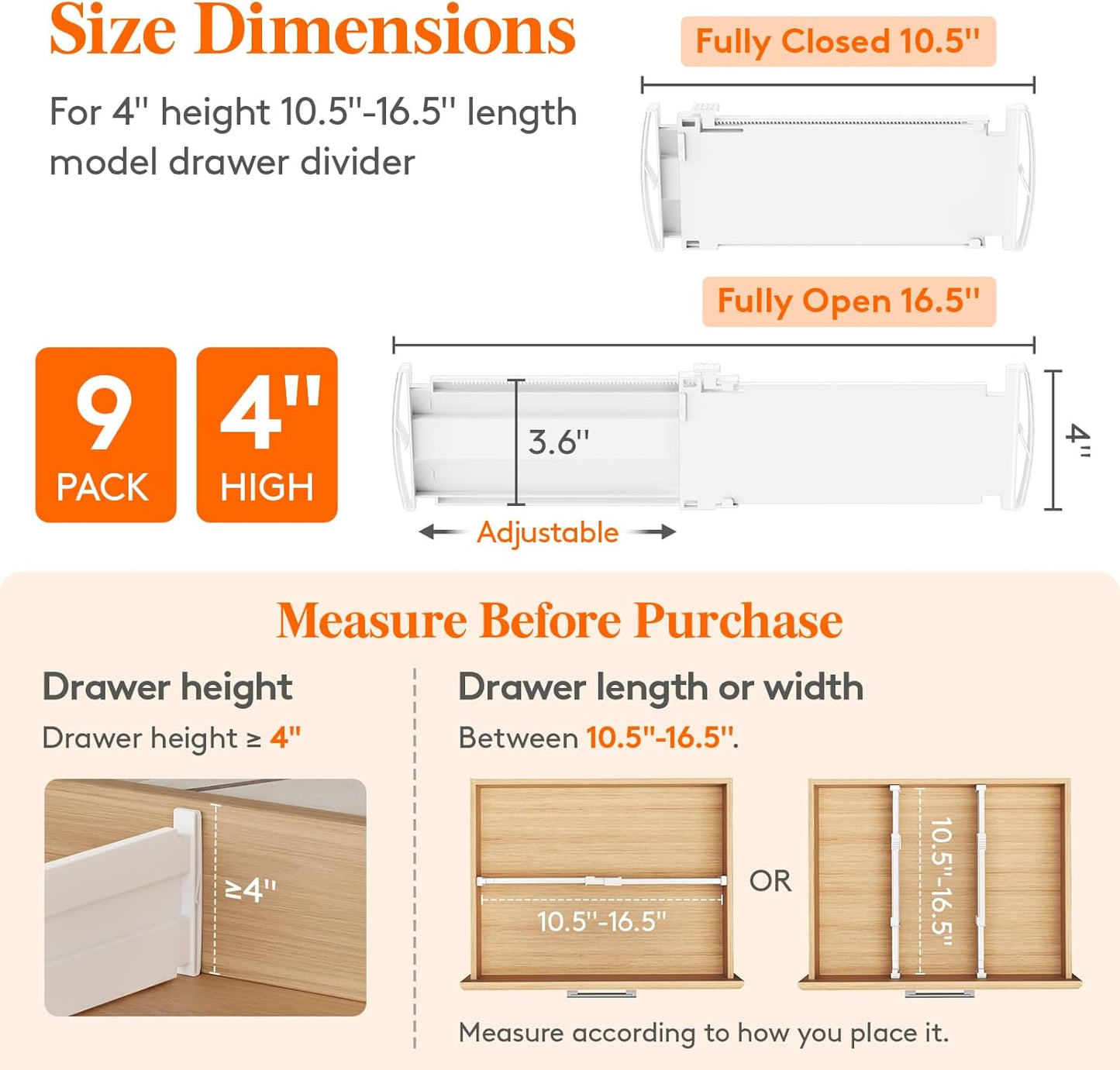 Lifewit Drawer Dividers for Clothes, 3.2" Tall 10.5"-16.5" Expandable Dresser Drawer Organizers, Adjustable White Plastic Separators for Kitchen, Cabinet, Nursery, Socks & Underwear Storage, 4 Pack