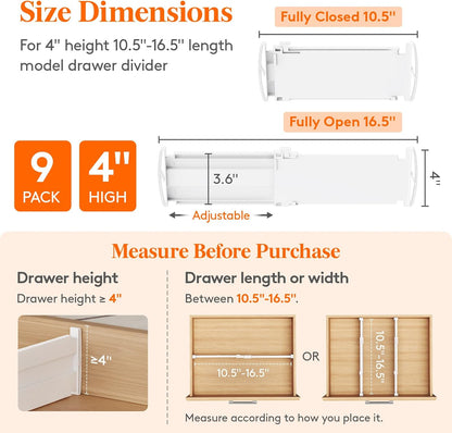 Lifewit Drawer Dividers for Clothes, 3.2" Tall 10.5"-16.5" Expandable Dresser Drawer Organizers, Adjustable White Plastic Separators for Kitchen, Cabinet, Nursery, Socks & Underwear Storage, 4 Pack