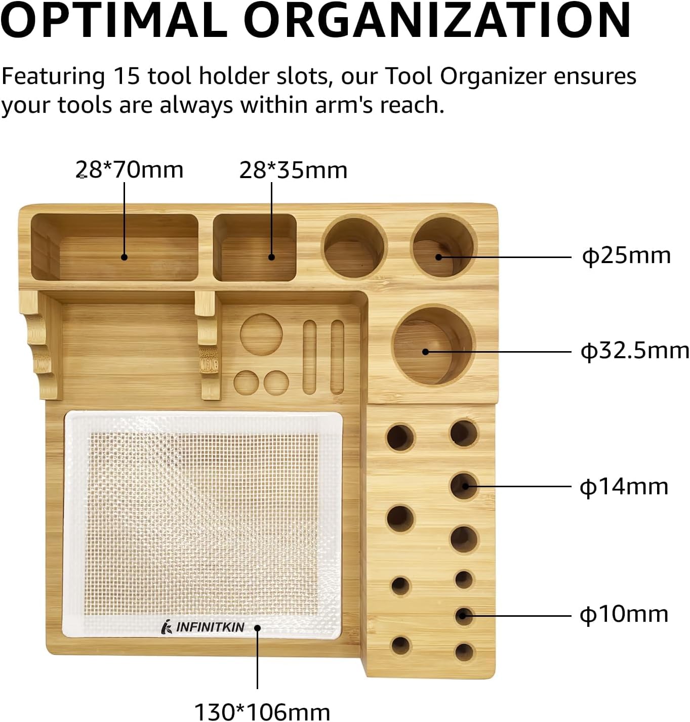INFINITKIN Bamboo Desk Organizer, Wax Carving Tools Holder with Non-stick Silicone Mat Pad for 4-Claw Pick-up Tool, Cotton Swabs, Pens, and Tool Accessories -Great for Temporary Small Tool Projects