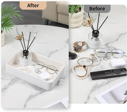 PU Leather Valet Tray Organizer, Modern Nightstand Organizer Bedside Desktop Storage for Womens and Men, Decorative Perfume Trinket Catchall Vanity Tray for Key Watch Wallet (Black)