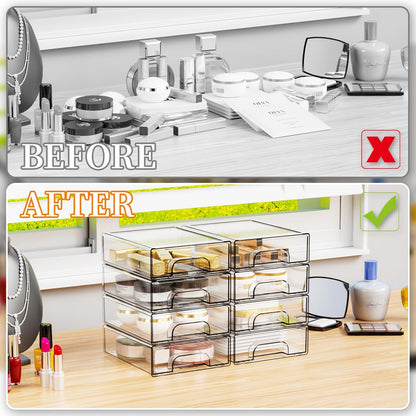 Yieach 4 Pack Clear Stackable Storage Drawers,4.4'' Tall Acrylic Drawer Containers for Organizing,Bathroom Organizers and Storage Bin Box,Plastic Makeup,Medicine Organizer Bins for Cabinet,Undersink