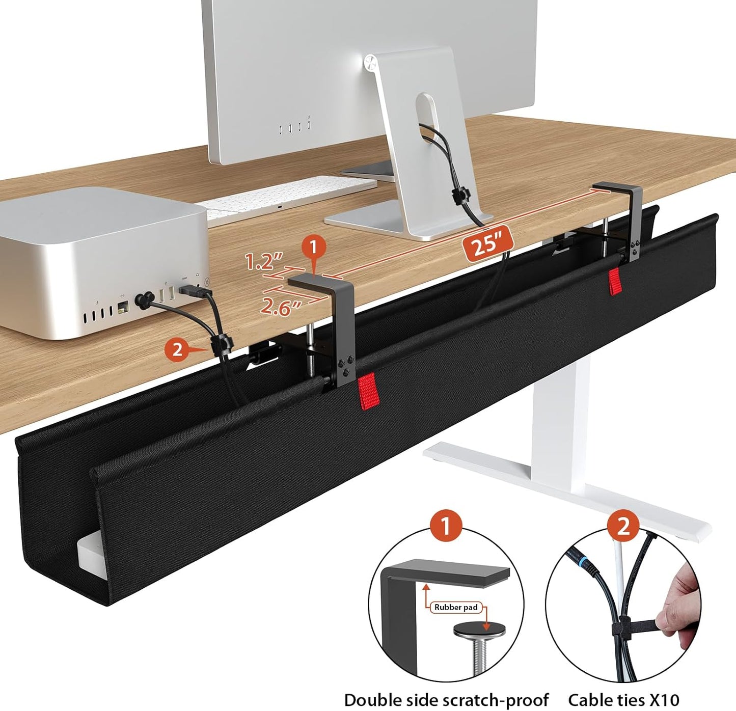 Univivi No Drill Under Desk Cable Management Tray, 36" Cord Organizer for Table, Clamp/Screw Mount Desk Cable Management, Premium Fabric Cable Management Tray for Office, Home