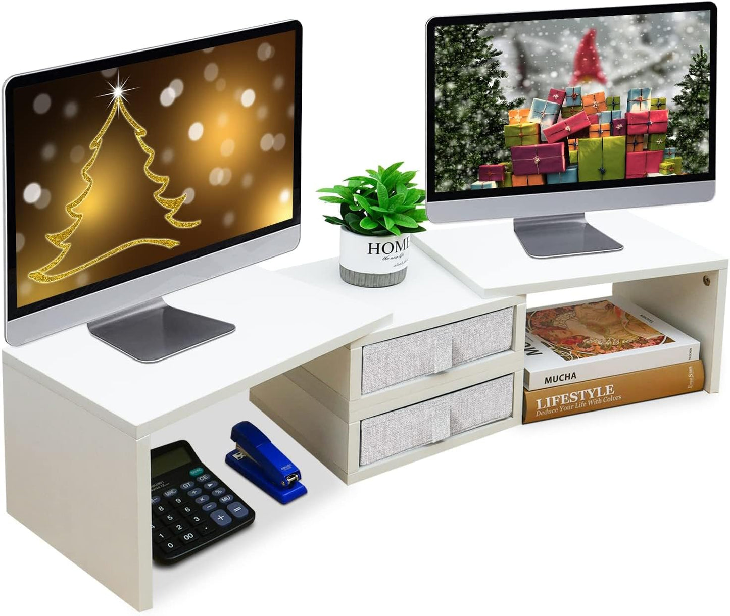 TEAMIX Dual Monitor Stand Riser with 2 Drawers-Length and Angle Adjustable 3 Shelf Monitor Riser with Storage Desk Organizer Large Computer Monitor Stand for 2 Monitors/Laptop/PC,Wood Screen/TV Stand