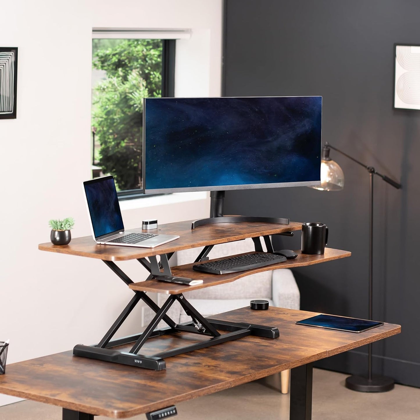 VIVO 26 inch Desk Converter, K Series, Height Adjustable Sit to Stand Riser, Dual Monitor and Laptop Workstation with Keyboard Tray, Black, DESK-V026KB