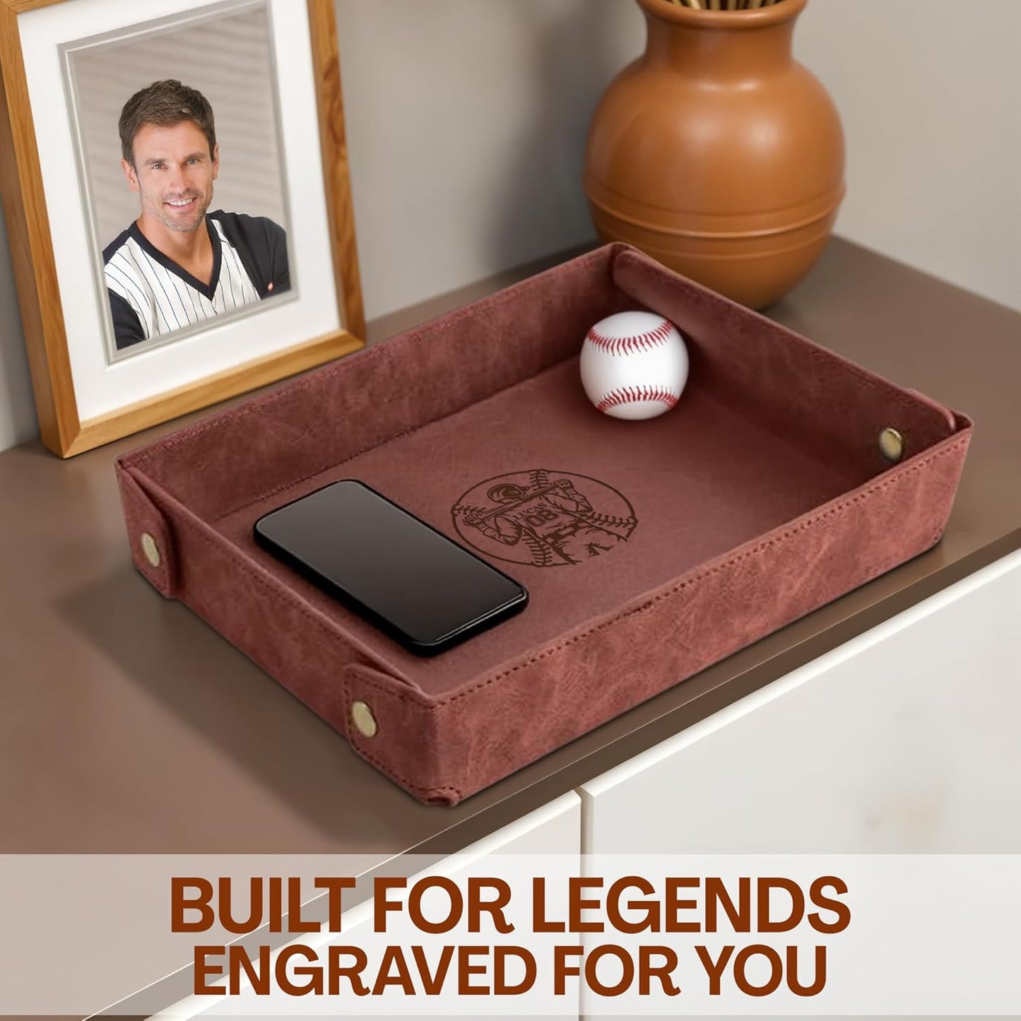 Engraved Leather Valet Tray for Men – Personalized Catchall with Custom Name for Desk, Dresser, Nightstand – Men's Organizer Tray for Keys, Wallet, Jewelry, Personalized Gift for Home, Office - Coffee