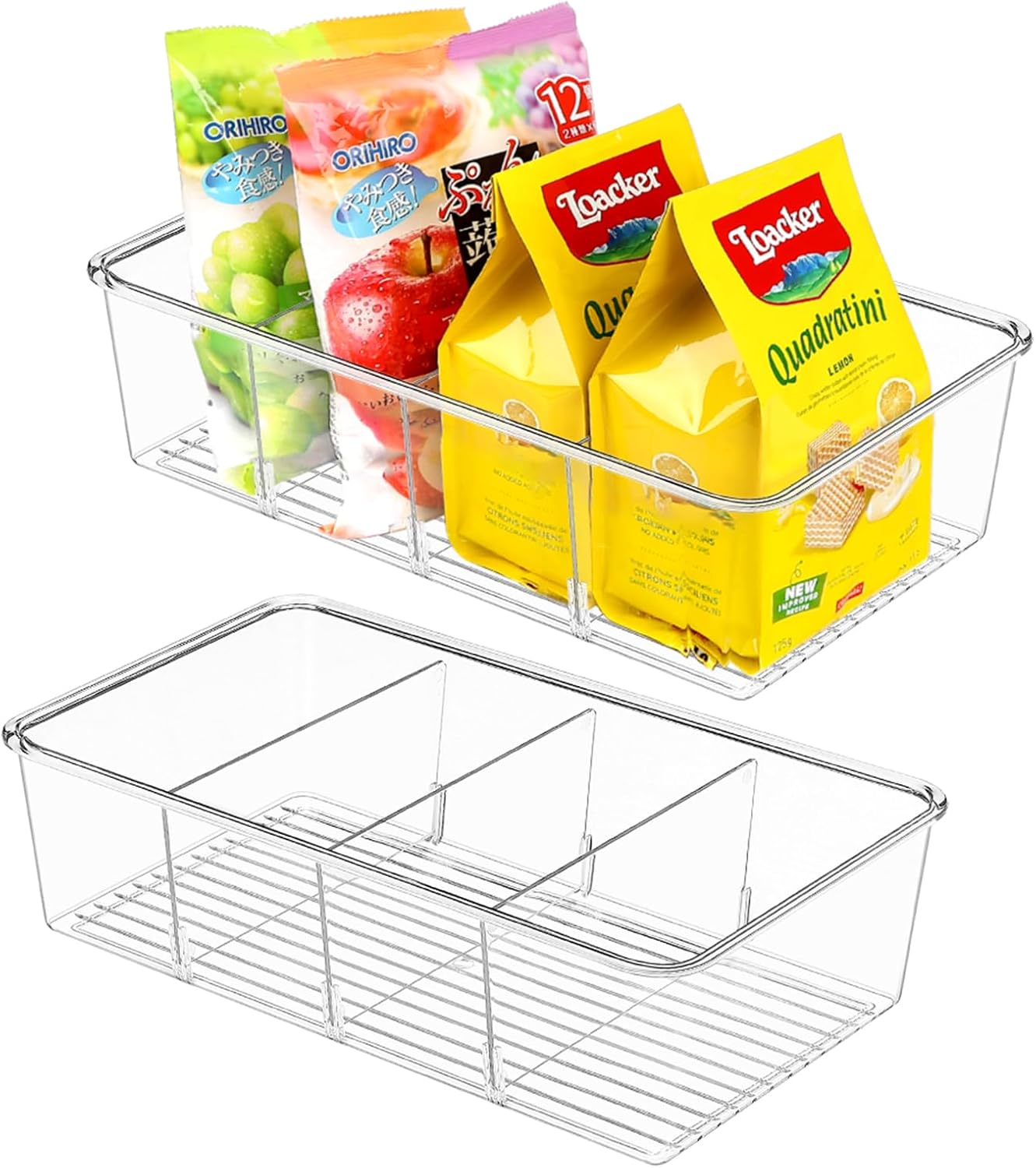 ZIZOTI Snack Organizer for Pantry Shelf, 6 Pack Clear Plastic Pantry Storage Bins with 3 Dividers for Snacks, Spices, Chips Food Organizer, Stackable Pantry Organizers for Kitchen, Fridge, Cabinet