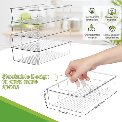 ZIZOTI Snack Organizer for Pantry Shelf, 6 Pack Clear Plastic Pantry Storage Bins with 3 Dividers for Snacks, Spices, Chips Food Organizer, Stackable Pantry Organizers for Kitchen, Fridge, Cabinet