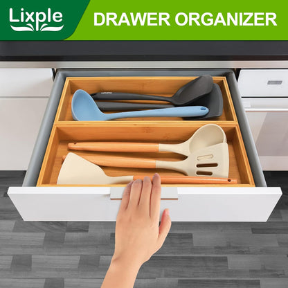 Lixple Bamboo Drawer Organizer, Cutlery Silverware Organizer for Kitchen Drawer, Stackable Utensil Organizer, 2 Pcs Flatware Organizer for Drawer, Wooden Storage Box Tray (Bamboo, 9 X 6 X 2 Inch)