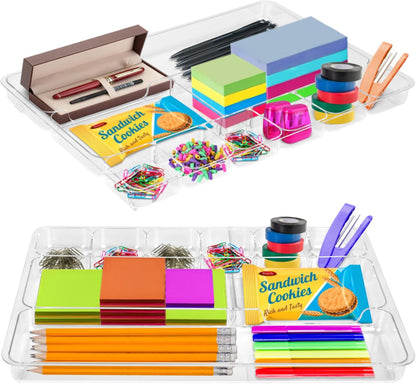 Manaloom Desk Drawer Organizer Tray with 9 Storage Compartments - For Home and Office - Drawer Organizers Office, Perfect Organizing Pens, Pencils, Paper Clips, Sticky Notes - Clear - 2 Pack