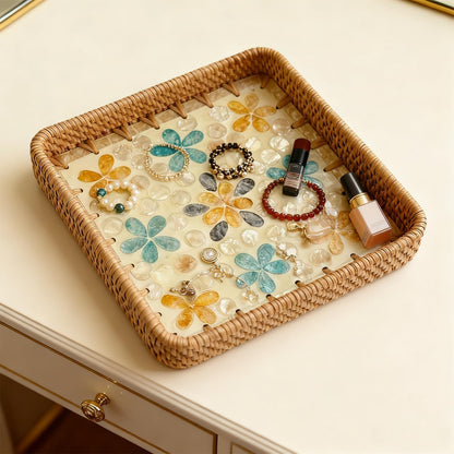 Handwoven Wicker Valet Tray, 8 Inch Square Catch All Organizer for Jewelry, Watches & Keys | Decorative Tray for Nightstand, Desk, Entryway, Coffee Table & Bathroom Counter