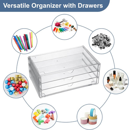 BTSKY Clear Acrylic Drawer Organizer, Stackable Container with 2 Narrow + 1 Large Drawers, Desk Organizer for Stationery Study Essentials Makeup Jewelry, Multipurpose Storage Box for Office and Home
