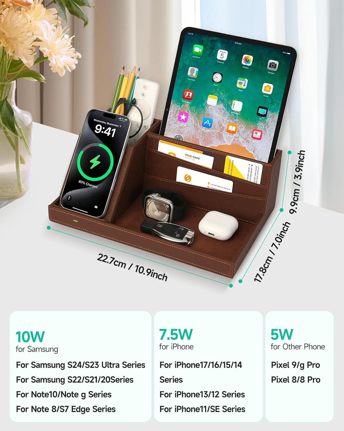 Fast Wireless Charging Station with Desk Organizer for iPhone 17/16/15/15 Pro/14/14 Pro Max/14 Pro/14 Plus/13/13 Pro Max/13 Pro/and iPhone 12/11 Series, Nightstand Desktop Organizer, Brown