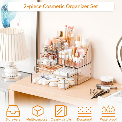 Yieach 3 Pack Clear Makeup Organizer Countertop for Dresser,Vanity and Bathroom Counter Organizer,Tiered Stackable Makeup Acrylic Organizers with 9 Drawer for Skincare,Brush and Make up Holders