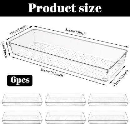 6 Pack Clear Drawer Organizer Trays 15 x 6 x 2 Inch Large Size Clear Plastic Desk Drawer Storage Bins Container Desk Drawers Divider Storage Bins for Utensils Junks Vanities Makeups Jewelry