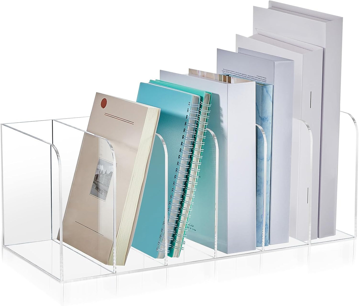 Suzile Clear Acrylic Magazine File Holder with Vertical Compartments Desk Organizer Book Rack for Desk Sorter Paper Folder Office Accessories(Clear,14.2 x 7.2 x 6.5 Inch)