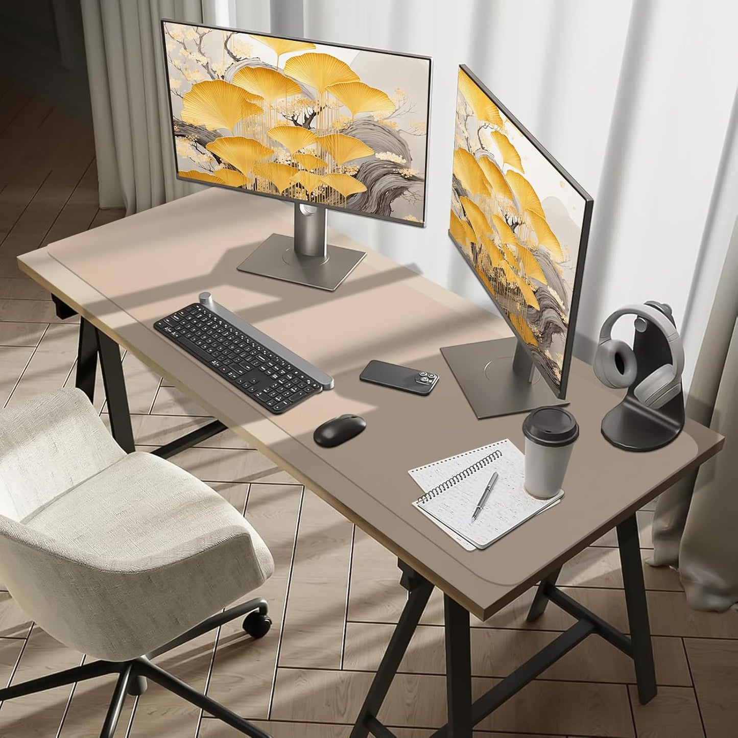 Bloss Leather Desk Pad and Keyboard Wrist Rest, Large Mouse Pad + Keyboard Pad+Mouse Wrist Support, Non-Slip Desk Mat Protector for Office, Home(31.5×15.7 Inches,Beige)