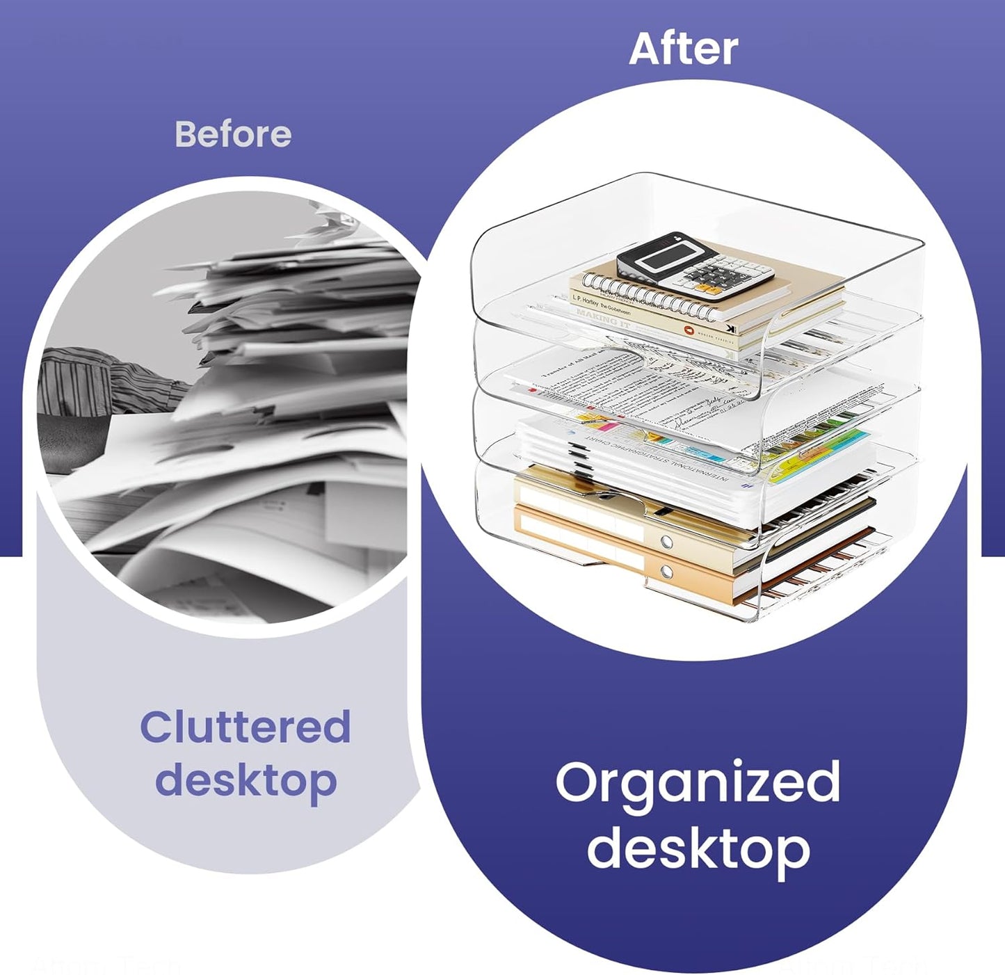 Tomorotec Desk Letter Tray Set, A4 Size Clear PET Stackable Document Organizer Office Desktop File Paper Holder Book Storage Rack Side Load Anti-Skid Stacking Support Convex Bottom (2X Landscape)