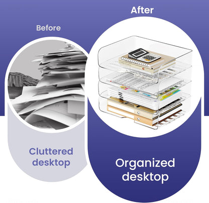 Tomorotec Desk Letter Tray Set, A4 Size Clear PET Stackable Document Organizer Office Desktop File Paper Holder Book Storage Rack Side Load Anti-Skid Stacking Support Convex Bottom (2X Landscape)