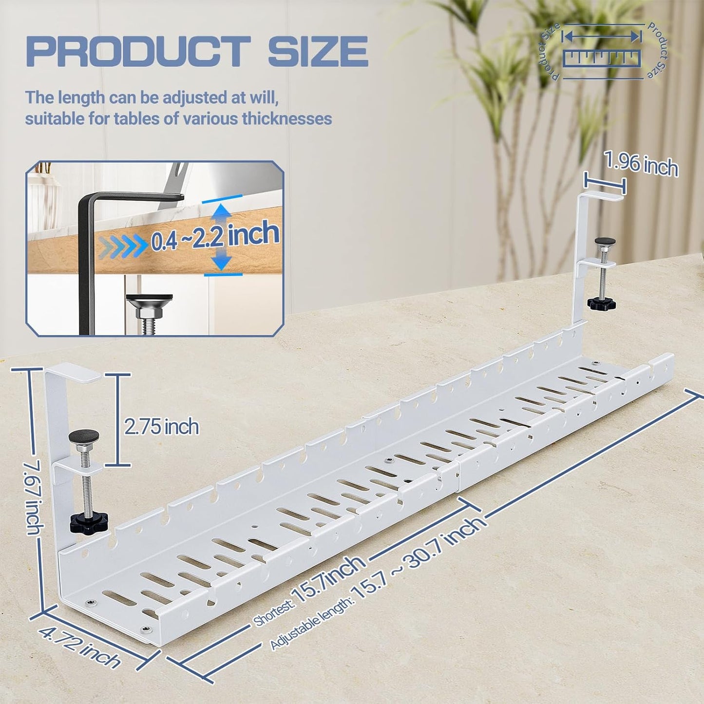 Shikha Cable Management Under Desk, 15.7"-31" Retractable Cable Management Tray, No Drilling Cord Organizer with Clamp for Desk, Under Table Wire Management Tray for Home Office -White