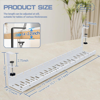 Shikha Cable Management Under Desk, 15.7"-31" Retractable Cable Management Tray, No Drilling Cord Organizer with Clamp for Desk, Under Table Wire Management Tray for Home Office -White