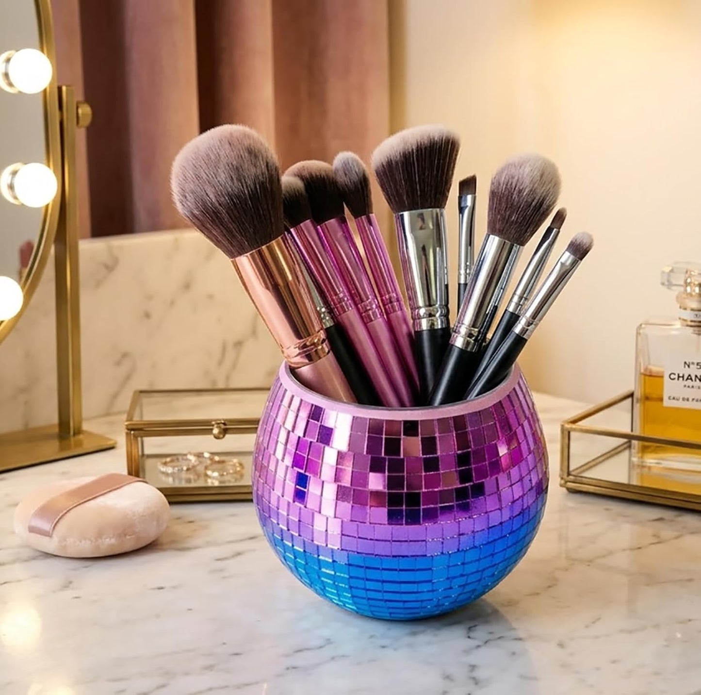 Disco Ball Makeup Brush Holder & Pen Cup - Fun Desk Accessories for Office, Cute Aesthetic Room Decor, 4.7 inch Unique gift vase for Her (rosegold)