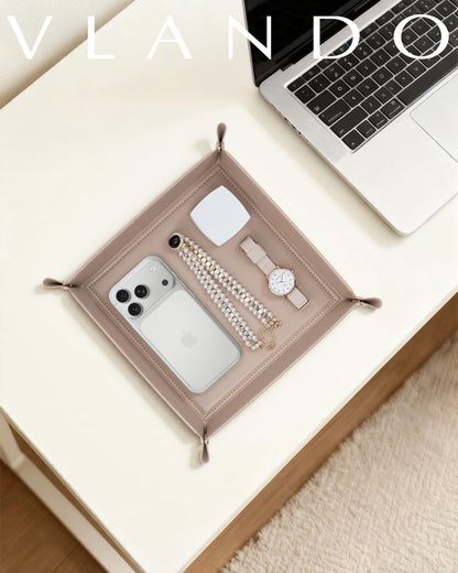 VLANDO Valet Tray for Men Women, Nightstand Organizer Vanity Catchall Holder for Dresser Desk Storage Bedside, Travel PU Leather Jewelry Key Bowl Coin Watches and Candy Entryway Tray - Large, Brown