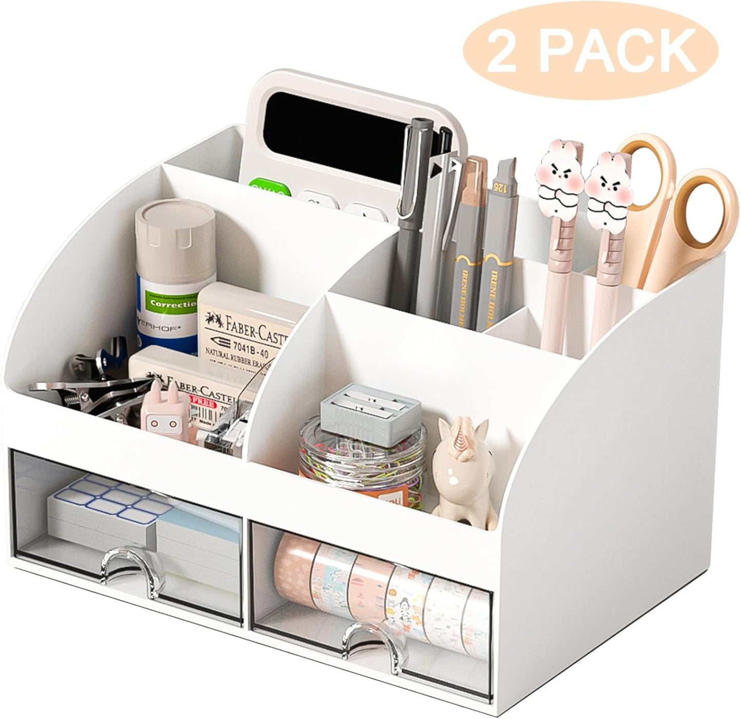 COMFYROOM Desk Organizer with 6 Compartments and 2 Drawers, Plastic Makeup Organizer, Pen Holder for Desktop Storage, Desk Organization for School, Home, Office Supplies (White)