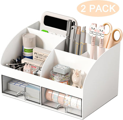 COMFYROOM Desk Organizer with 6 Compartments and 2 Drawers, Plastic Makeup Organizer, Pen Holder for Desktop Storage, Desk Organization for School, Home, Office Supplies (White)